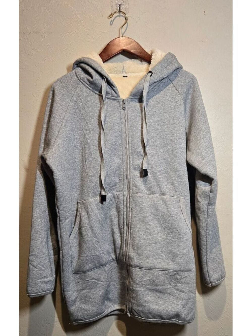 Cozy Gray Zip-Up Sherpa Lined Hoodie Jacket, Size Large